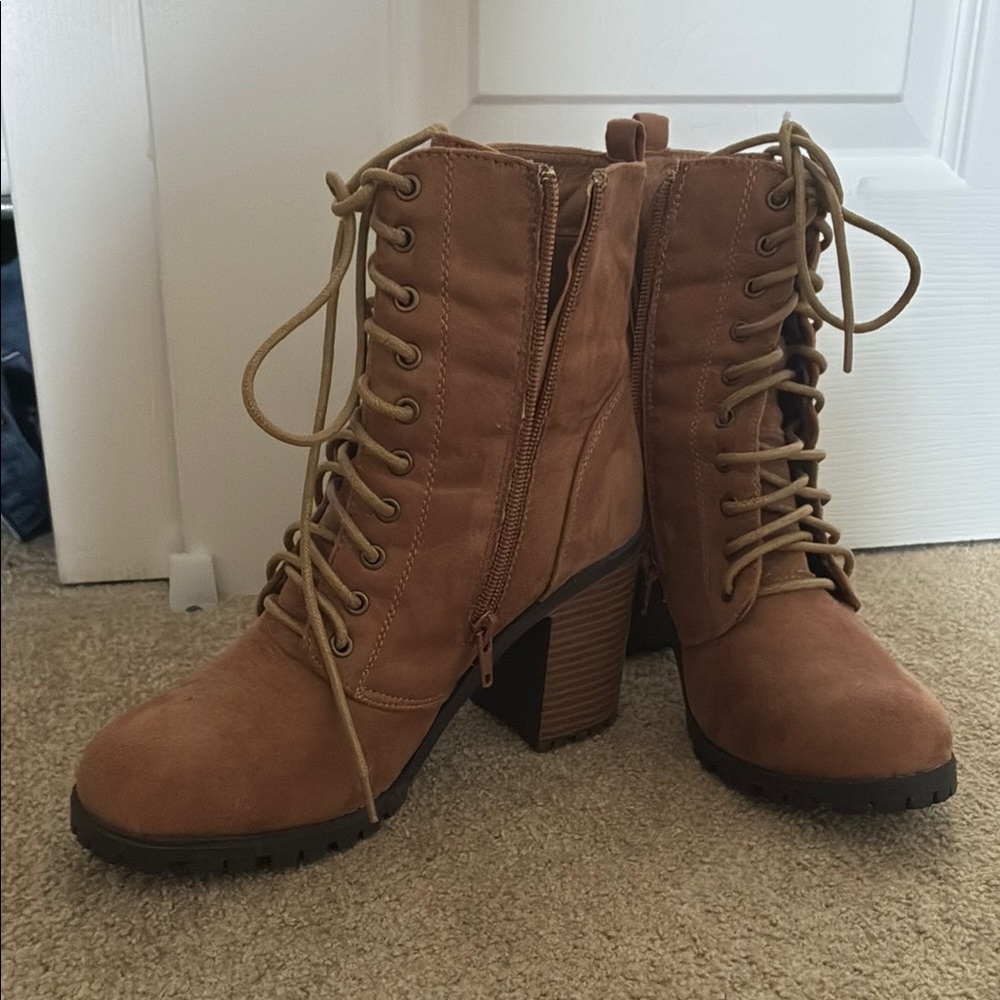 Rue21 Tan Lace-Up Boots with Chunky Heel